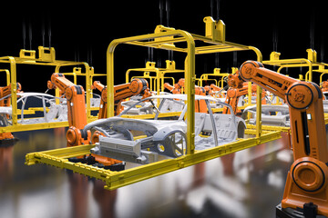 Automation automobile factory with robot assembly line manufacture ev car