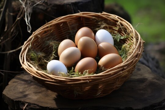 Chicken Eggs In A Basket. Generative AI