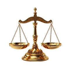 Golden Scales of Justice Balanced Perfectly Isolated on Transparent or White Background, PNG