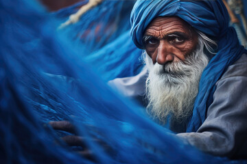 a man makes blue nets 