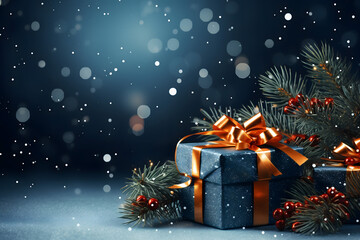 christmas tree decorations, santa claus with gifts, snowman in the snow, christmas gift boxes	