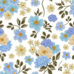 Vintage flower seamless pattern illustration with blue rose, peony, floral bud, wildflowers, and green leaf branch elements