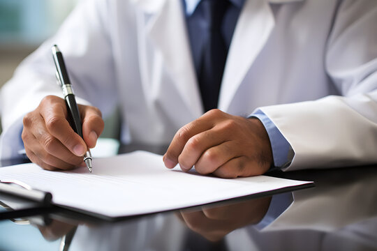 A doctor, nurse, or consultant's hands writing on a document, generated by a medical professional,