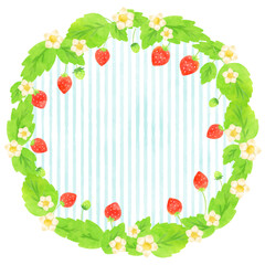 円形のイチゴとストライプ柄の背景