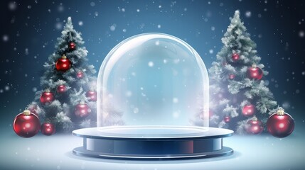Christmas background with cylindrical podium for promotions. Round stage for presentation sale product. Stage pedestal or platform in snow between Xmas trees, glass balls hanging. Vector illustration