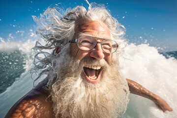 An elderly man with a beard swims in the sea waves. Close-up portrait. Happy emotions. Active lifestyle. Relaxation on the beach.