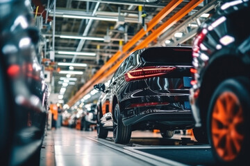 Fototapeta premium Assembly line for the production of modern cars. The final stage of assembly and testing during production. Quality control. Automated assembly. Modern technologies.