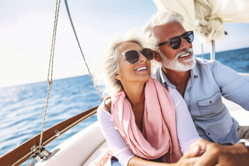 An elderly couple sits in a boat or yacht against the backdrop of the sea. Happy and smiling. They look at the waves and hug. Sea voyage, vacation. Love and romance of older people.