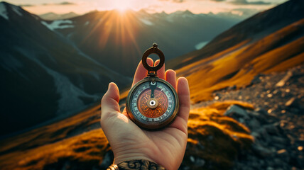 Hand holding a compass on the mountain in a bright morning. - obrazy, fototapety, plakaty