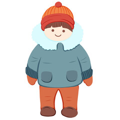 The vector illustration depicts young children and teenagers wearing warm clothing during winter