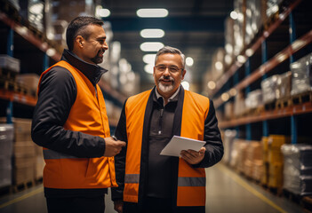 Portrait of middle aged worker standing in large warehouse , Employee in logistics company near warehouse racks
