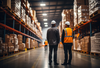 Portrait of middle aged worker standing in large warehouse , Employee in logistics company near warehouse racks