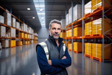 Fototapeta premium Portrait of middle aged worker standing in large warehouse , Employee in logistics company near warehouse racks
