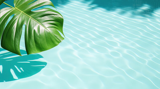 abstract wallpaer with clear water in the pool and plants, palm leaves, empty copy space