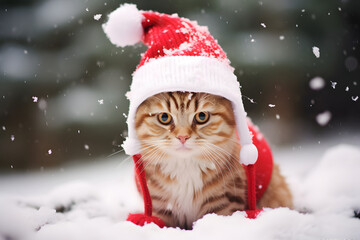 a beautiful kitten with christmas hat in snow with banner blur background 
