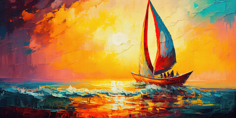 Colorful oil painting on canvas texture. Impressionism image of seascape paintings with sunlight background. Modern art oil paintings with boat, sail on sea. Abstract contemporary art for background,  - obrazy, fototapety, plakaty