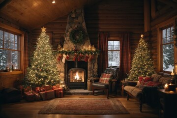 The beautiful guest room of the house in the forest is decorated with a Christmas tree, fireplace