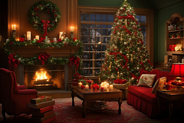 Fototapeta na wymiar A fully decorated Christmas tree inside a warm, festive home with fire borne, red couch at side, candle and gift and ornamental balls on the table elegant room in the snow fall area