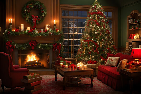 A fully decorated Christmas tree inside a warm, festive home with fire borne, red couch at side, candle and gift and ornamental balls on the table elegant room in the snow fall area