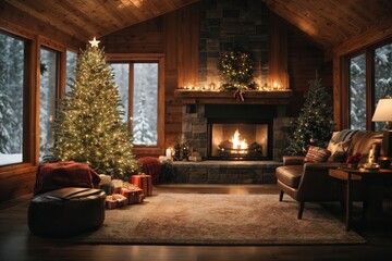 A beautiful wooden house in a winter forest decorated with a Christmas tree, garlands and a fireplace