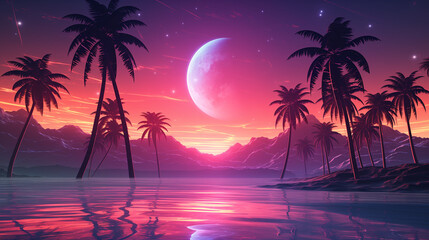 Vaporwave aesthetics merge in an epic visual with palm trees against an 8K super-defined horizon, crafting a mesmerizing digital dreamland.