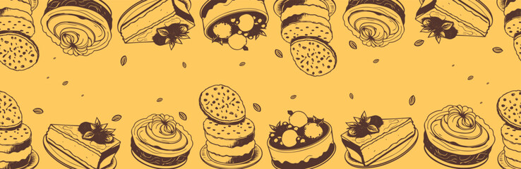 Vector sketch of dessert sweets. Cake, pastries with a drop of syrup. sketch of desserts. A piece of cake with a berry is a handmade drawing. Vintage style illustration for cafe design.