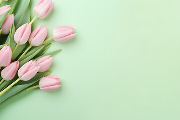 Pink tulip flowers on pastel green background with copy space