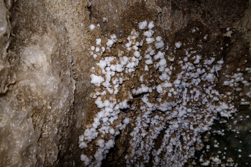 Salt  protrudes from the walls of the salt cave Kolonel in Mount Sodom in southern Israel