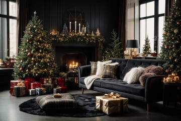 Magical New Year's black interior with Christmas trees, fireplace, candles, gift boxes, leather sofa in the living room