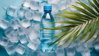bottle of mineral water on the beach, Palm Paradise: Water Bottle and Ice Cubes Background - obrazy, fototapety, plakaty