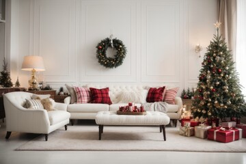 Large bright guest room with small, white furniture, red gift boxes. Christmas interior, New year, holiday concepts