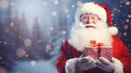 photo of santa carrying glass snow globes christmas gifts with bokeh copy space background