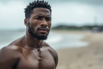 Closeup shot of an african american muscular man looking worried and anxious while exercising at the beach, Black fit male stressed while doing cardio warmup exercise during a workout session - obrazy, fototapety, plakaty