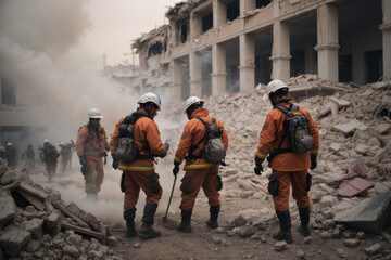 Search and rescue forces searching through a destroyed building. Emergency, natural disaster concepts - obrazy, fototapety, plakaty