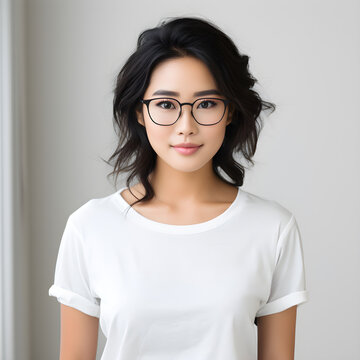 An attractive young Asian woman wearing eyeglasses and a shirt is depicted in a portrait, She is isolated on a white background with no other elements,