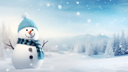 Obraz premium snowman using scarf and knitted hat on a pile of snow with winter background copy space