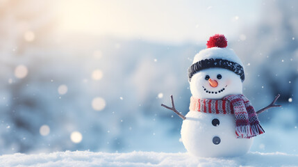 Obraz premium snowman using scarf and knitted hat on a pile of snow with winter background copy space