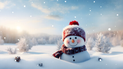 Naklejka na ściany i meble snowman using scarf and knitted hat on a pile of snow with winter background copy space
