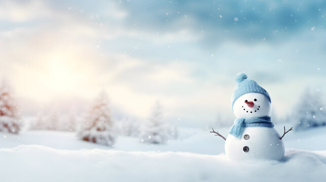 snowman using scarf and knitted hat on a pile of snow with winter background copy space