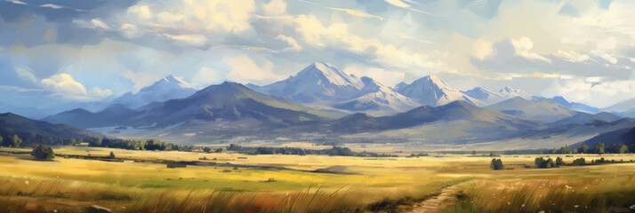 Fields and mountains. Panoramic view. Digital art.