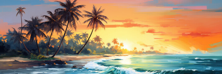 Seashore. Palm trees and the sea. Panoramic view. Digital art.