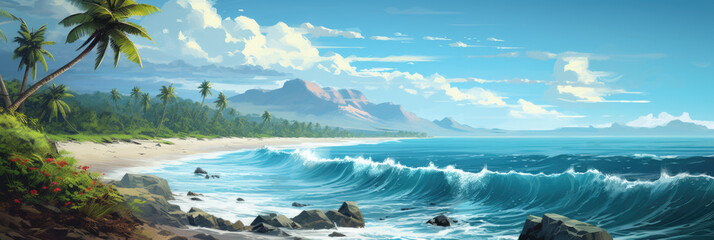 Seashore. Palm trees and the sea. Panoramic view. Digital art.