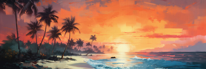 Fototapeta na wymiar Seashore. Palm trees and the sea. Panoramic view. Digital art.
