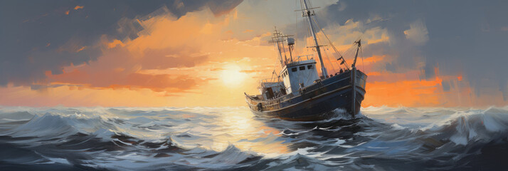 A ship at sea. Panoramic view. Digital art.