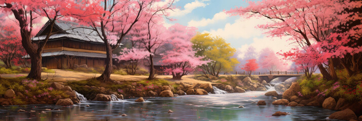 Garden with blooming sakura. Panoramic view. Digital art.