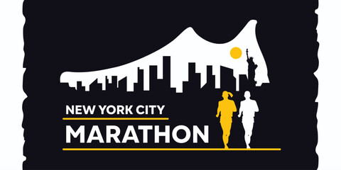 "New York City Marathon background: Silhouettes of runners with blue, yellow, and white colors against the backdrop of New York City and running shoes. Ideal for the New York City Marathon event."