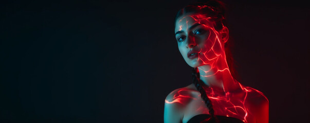 Creative young woman with digital neon filter lights on body over dark mode background, Concept of digital art, fashion, cyberpunk, futurism and creativity