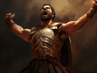 Roman warrior with his arms raised in the air. - obrazy, fototapety, plakaty