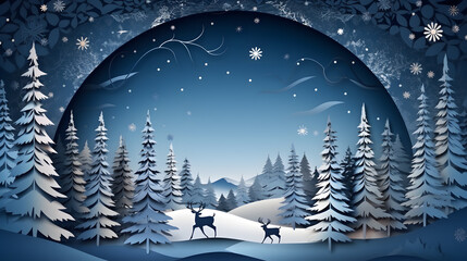 paper cut christmas with house tree reindeer and and moon on white snow winter background - obrazy, fototapety, plakaty