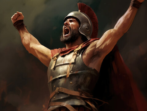 Roman warrior with his arms raised in the air.